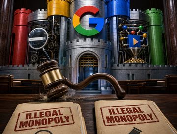 IMAGE: A Google-branded fortress remains intact behind two “Illegal Monopoly” case files as a rubber gavel bends harmlessly.