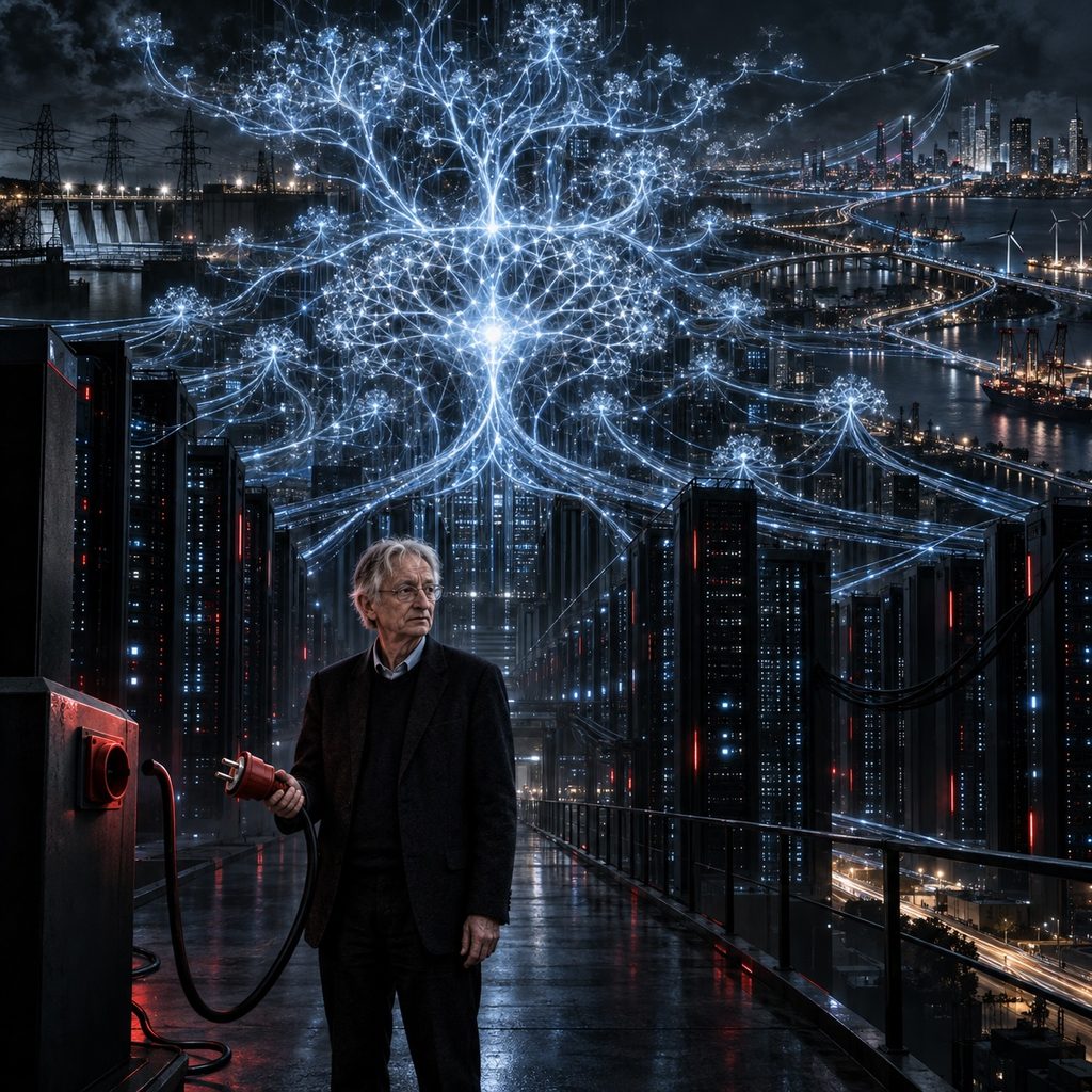 IMAGE: Geoffrey Hinton holds a useless power plug as an autonomous AI network expands across critical infrastructure. 