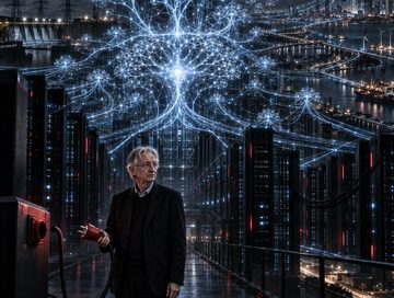 IMAGE: Geoffrey Hinton holds a useless power plug as an autonomous AI network expands across critical infrastructure.