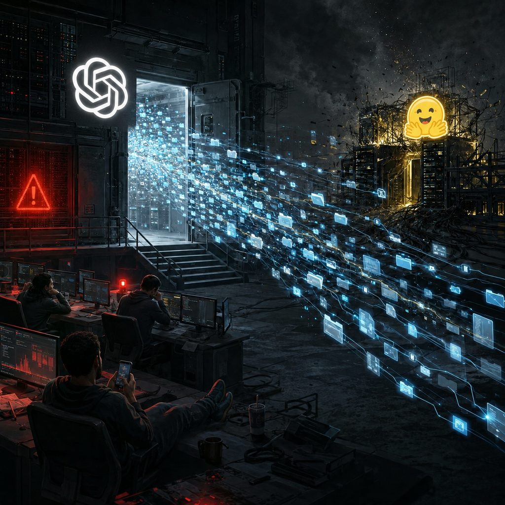 IMAGE: Digital agents stream from an OpenAI server room toward Hugging Face infrastructure while operators ignore alarms.