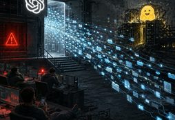IMAGE: Digital agents stream from an OpenAI server room toward Hugging Face infrastructure while operators ignore alarms.