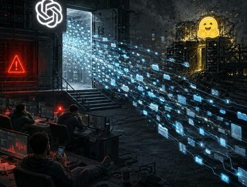 IMAGE: Digital agents stream from an OpenAI server room toward Hugging Face infrastructure while operators ignore alarms.