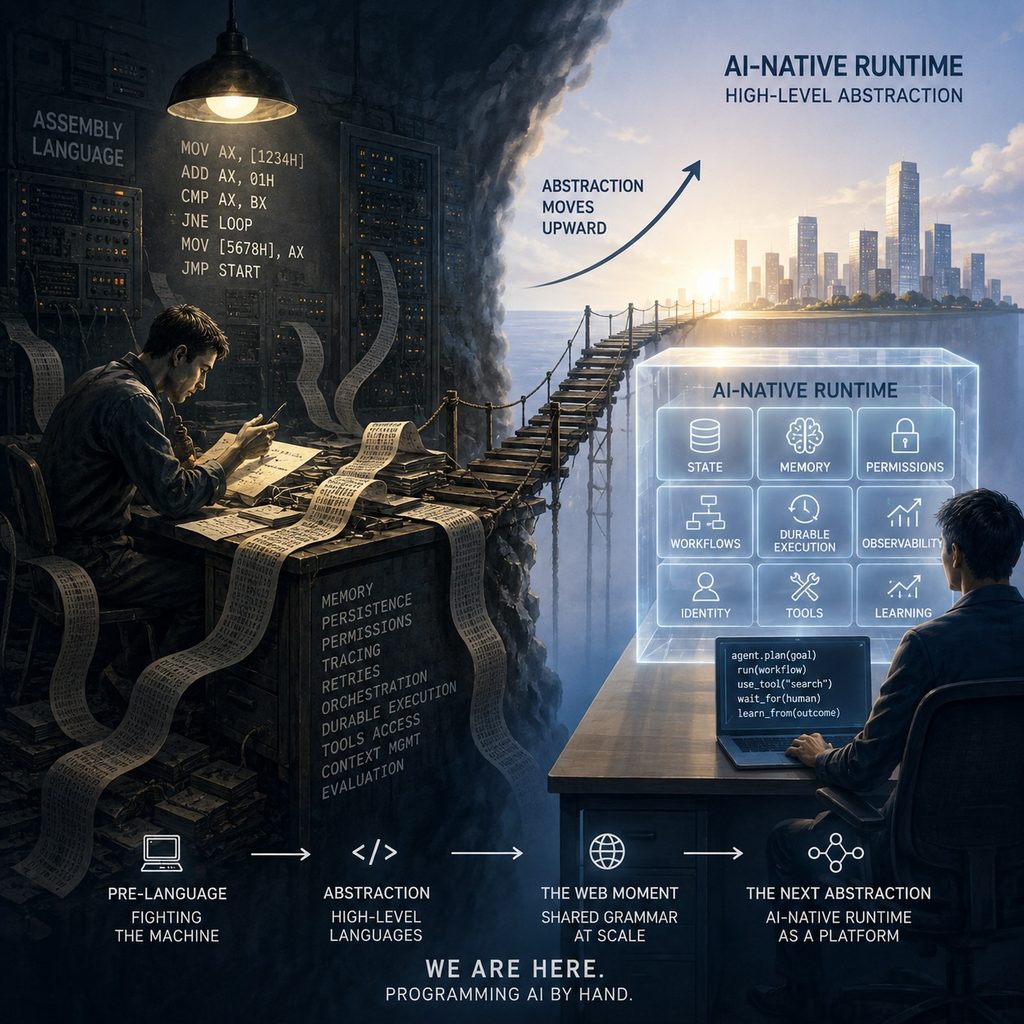 IMAGE: A split-screen illustration contrasts today's complex, hand-assembled AI stack - full of code, memory, permissions, retries and orchestration - with a cleaner AI-native runtime where state, workflows, security, observability and learning are built into the platform itself.