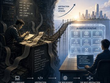 IMAGE: A split-screen illustration contrasts today's complex, hand-assembled AI stack - full of code, memory, permissions, retries and orchestration - with a cleaner AI-native runtime where state, workflows, security, observability and learning are built into the platform itself.