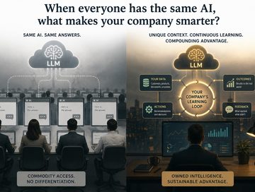IMAGE: A split-screen illustration contrasts companies using the same generic AI and receiving similar answers with a company building its own learning loop from proprietary data, actions, outcomes, and feedback - turning shared AI capability into differentiated institutional intelligence.