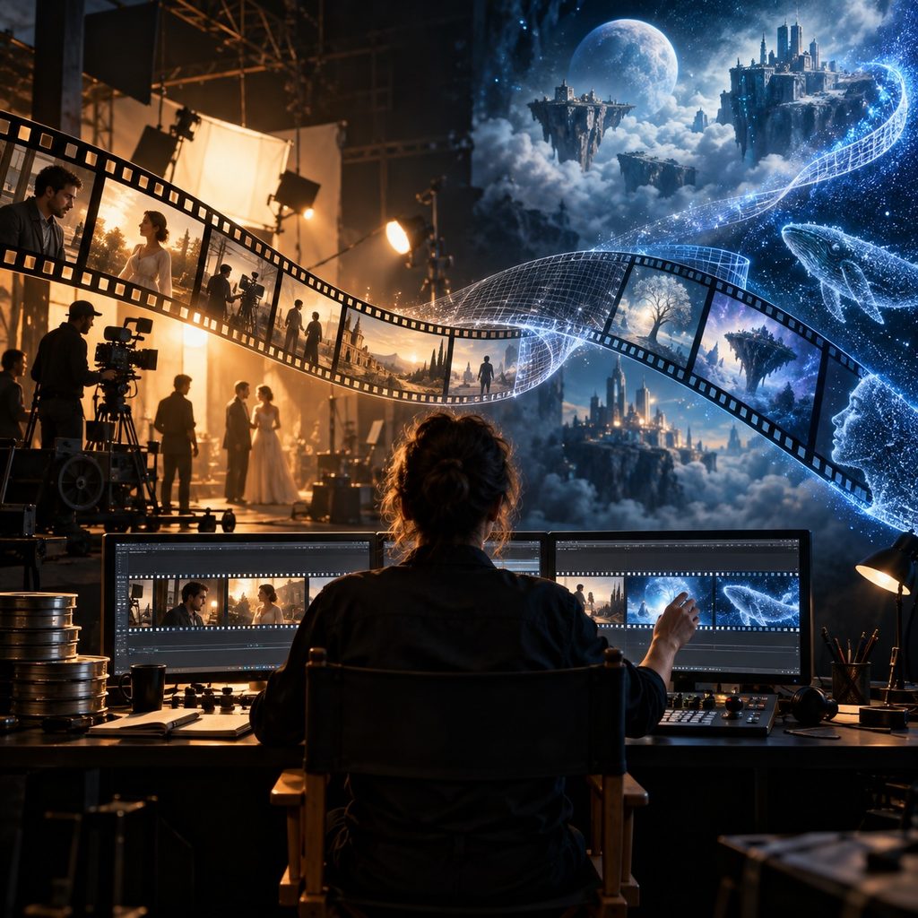 IMAGE: A filmmaker edits a ribbon of film that transforms from a physical set into an AI-generated world.