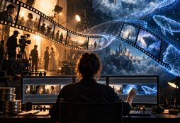 IMAGE: A filmmaker edits a ribbon of film that transforms from a physical set into an AI-generated world.