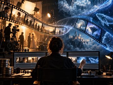 IMAGE: A filmmaker edits a ribbon of film that transforms from a physical set into an AI-generated world.