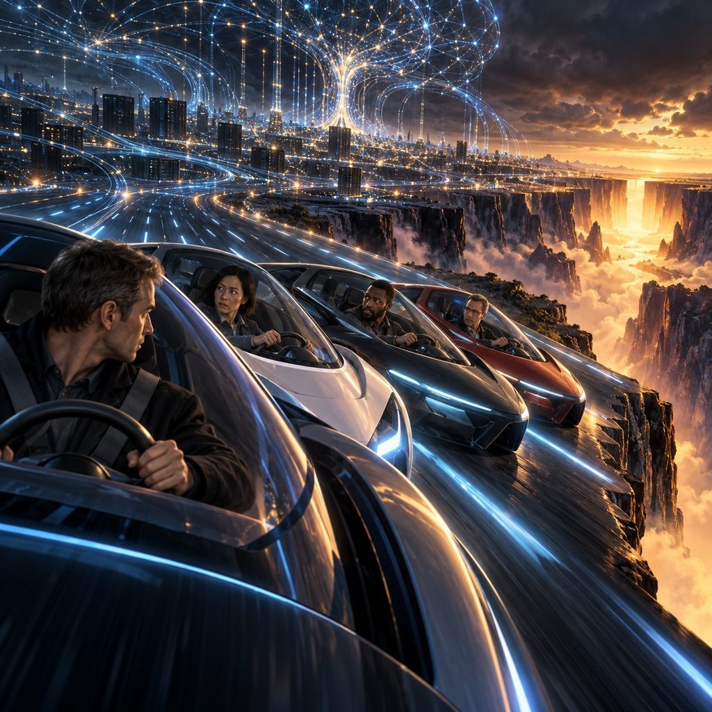 IMAGE: Rival drivers race toward a glowing precipice while an immense AI network grows overhead, each watching the others instead of braking. 