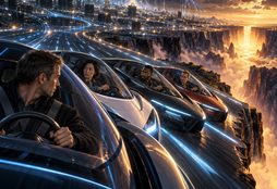 Rival drivers race toward a glowing precipice while an immense AI network grows overhead, each watching the others instead of braking.
