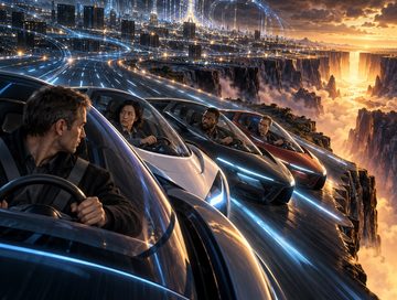 Rival drivers race toward a glowing precipice while an immense AI network grows overhead, each watching the others instead of braking.