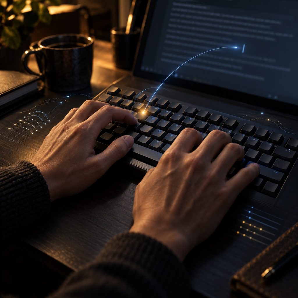 IMAGE: A writer's hands type on a keyboard as a subtle blue AI signal corrects a single mistaken keystroke without interfering with the writing.