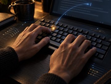 IMAGE: A writer’s hands type on a keyboard as a subtle blue AI signal corrects a single mistaken keystroke without interfering with the writing.