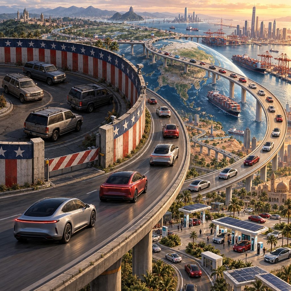 IMAGE: American SUVs circle behind a protective barrier while modern electric cars accelerate across a globally connected highway.