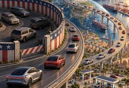 IMAGE: American SUVs circle behind a protective barrier while modern electric cars accelerate across a globally connected highway.