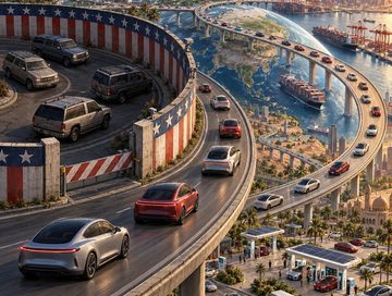 IMAGE: American SUVs circle behind a protective barrier while modern electric cars accelerate across a globally connected highway.