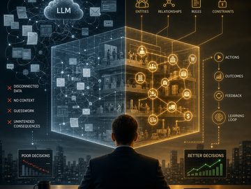 IMAGE: A corporate leader faces two versions of the same organization: one fragmented into disconnected data and guesswork, and another represented as a structured model of entities, relationships, rules, actions, outcomes, and feedback loops that enable progressively better decisions.